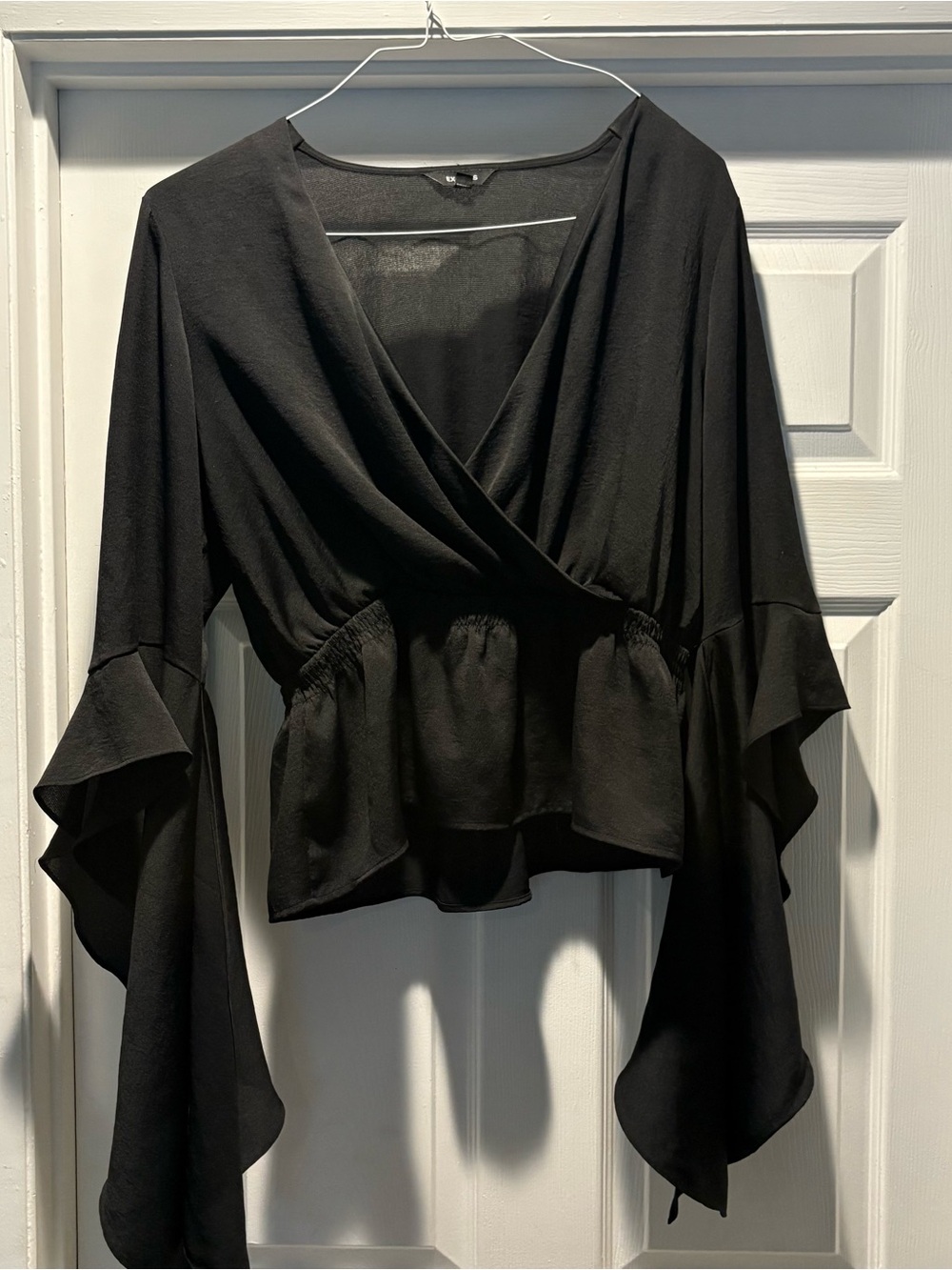 Express Black Wrap Peplum Blouse with Cascading Sleeves S/L